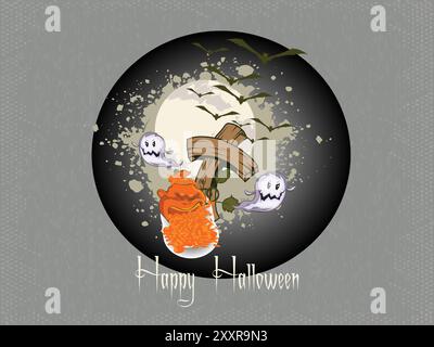 Eine Halloween-Karte mit einem Kreuz und einem Kürbis drauf. Das Kreuz ist von Fledermäusen umgeben und der Kürbis ist von orangefarbenen Blumen umgeben Stock Vektor