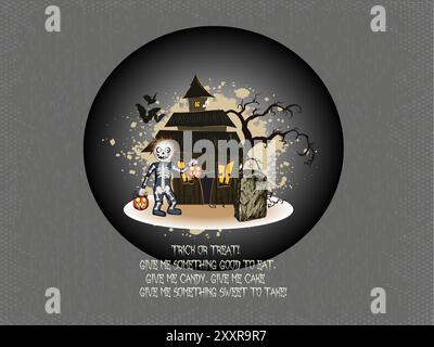 Ein Halloween-Poster mit einem Skelett mit Kürbis und einem Haus mit Fledermäusen auf dem Dach. Auf dem Poster steht „Trick or Treat“ und „Gib mir etwas Stock Vektor