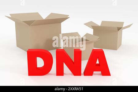 Luxuriöse rote Inschrift DNA auf grauem Podium mit leeren Kästen, weiches Licht, glatter Hintergrund, 3D-Rendering-Illustration Stockfoto