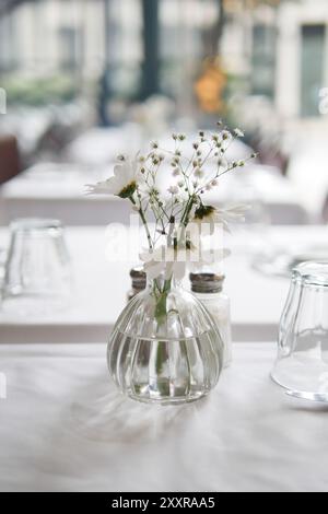 Ein elegantes Tischset mit einem wunderschönen Blumenmotiv in einem gemütlichen Restaurant Stockfoto