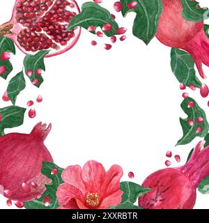 Granatapfelfrüchte, Blumen, Samen und Blätter Aquarellrahmen isoliert auf weiß. Die handgemalte, hochwertige, lebendige Kunst ist ideal für botanische Zwecke Stockfoto