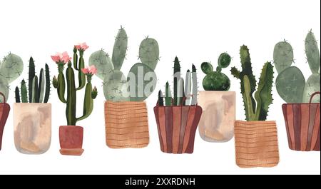 Nahtloser Kaktusrand. Zimmerpflanzen in Körben und Töpfen. Pflanzen wachsen als Hobby. Isolierte Aquarellillustration auf weißem Hintergrund. Clipart Stockfoto