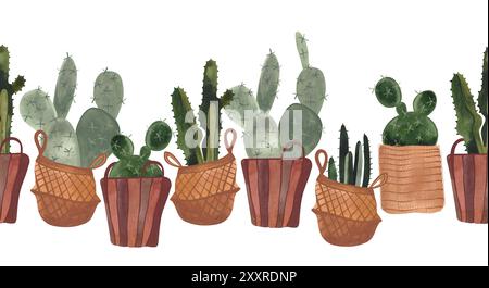 Nahtloser Kaktusrand. Zimmerpflanzen in Körben und Töpfen. Pflanzen wachsen als Hobby. Isolierte Aquarellillustration auf weißem Hintergrund. Clipart Stockfoto