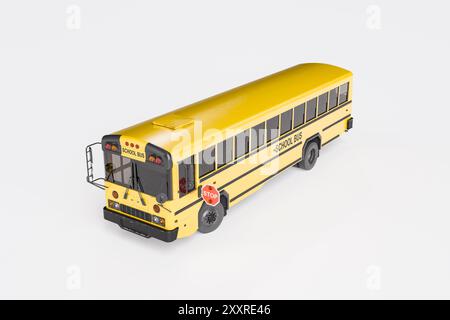 Klassischer gelber Schulbus parkt auf weißem Hintergrund, Erinnerungen an Kindheit und Bildung. 3D-Rendering Stockfoto