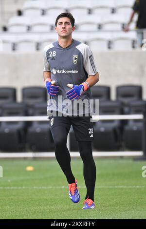 Columbus, Ohio, USA. 25. August 2024: Torhüter Patrick Schulte (28) der Columbus Crew wärmt sich auf, bevor er im Finale des Liagues Cup in Columbus, Ohio, Los Angeles FC spielt. Brent Clark/Cal Sport Media Credit: Cal Sport Media/Alamy Live News Stockfoto