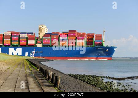 Das Containerschiff Copenhagen of HMM passiert die Zeeländische Hafenstadt Terneuzen über die Westschelde auf dem Weg nach Antwerpen. Foto ANP / Hollandse Hoogte / Stockfotos Zeeland niederlande Out - belgien Out Stockfoto