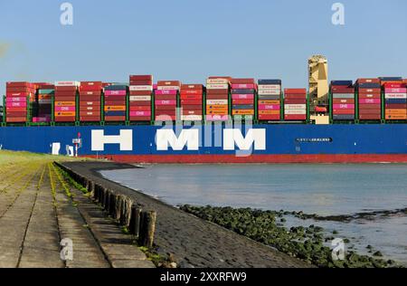 Das Containerschiff Copenhagen of HMM passiert die Zeeländische Hafenstadt Terneuzen über die Westschelde auf dem Weg nach Antwerpen. Foto ANP / Hollandse Hoogte / Stockfotos Zeeland niederlande Out - belgien Out Stockfoto