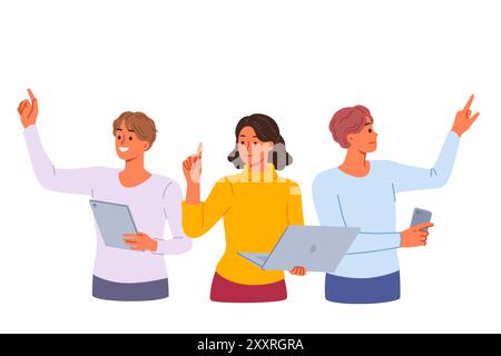 Arbeiten Sie freiberufliche Mitarbeiter mit Gadgets zusammen, arbeiten Sie gemeinsam an Projekten und dehnen Sie die Hände auf virtuelle Bildschirme aus Stock Vektor