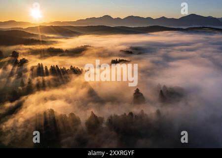 Blick aus der Vogelperspektive auf die wunderschöne Berglandschaft mit Nebel bei Sonnenaufgang, Sommer, Bayerische Alpen, Murnau, Bayern, Deutschland, Europa Stockfoto