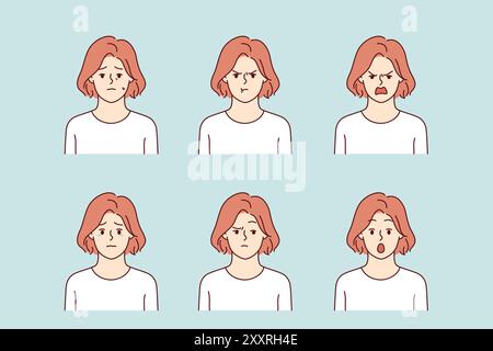 Negative Frau zeigt verschiedene Grimaces, erlebt psychische Krise, nach dem Einsetzen einer dunklen Streifen im Leben. Set mit Porträts eines negativen Mädchens in weißem T-Shirt mit aufgebrachtem oder wütendem und schockiertem Gesicht Stock Vektor
