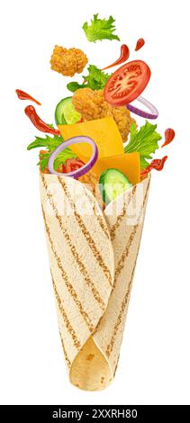 Huhn Lavash Roll mit Nuggets, fallende Tortilla Wrap Zutaten isoliert auf weißem Hintergrund Stockfoto