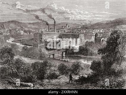 Saltaire, West Yorkshire, England, wurde hier im 19. Jahrhundert gesehen. Salt’s Mill und die Häuser wurden von Titus Salt zwischen 1851 und 1871 gebaut, um seinen Arbeitern ein Leben unter besseren Bedingungen als den Slums von Bradford zu ermöglichen. Aus Cassells Illustrated History of England, veröffentlicht um 1880. Stockfoto