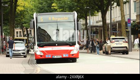 Ein Bus der Linie 5 von der Hamburger Hochbahn in Richtung Burgwedel fährt die Mönckebergstraße entlang. Altstadt Hamburg *** Ein Bus der Linie 5 der Hamburger Hochbahn in Richtung Burgwedel fährt entlang der Mönckebergstraße Altstadt Hamburg Stockfoto