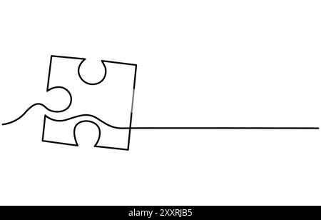 Zwei verbundene Puzzles Strichgrafik. Stichsäge Stücke durchgehende einzeilige Zeichnung. Vektor isoliert auf weißem, durchgängiger einzeiliger Zeichnung eines verbundenen Stücks Stock Vektor