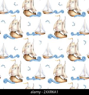Verschiedene Segelboote auf lockigen Wellen und kleine Fische handgezeichnet nach nahtlosem Muster. Marine Art Design Textil in Aquarellen. Fische und Segelschiffe Stockfoto