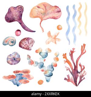 Unterwasserwelt mit farbenfrohen rosafarbenen Meerespflanzen und Rochenfischen in Aquarellen. Korallen, Seesterne, Algen und wellige Linien sind handgezeichnet oder Stockfoto