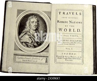 GULLIVERS TRAVELS – Eine 1661 erste Ausgabe des satirischen „Travels into several Remote Nations of the World“ von Captain Lemuel Gulliver, einem Pseudonym von Jonathan Swift (1667–1745). Das Porträt des Buches ist ein fiktives Porträt von Captain Lemuel Gulliver. Es wurde von Benjamin Motte veröffentlicht. SWIFT war ein anglo-irischer Satiriker, Autor, Essayist, Autor politischer Flugblätter (Tory und Whig) und Dichter. Er war auch ein anglikanischer Geistlicher und Dekan der St Patrick's Cathedral in Dublin Stockfoto