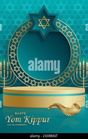 Happy Yom Kippur runde Bühne mit schönen und kreativen Symbolen und goldenem Papierschnitt auf farbigem Hintergrund für jüdische Feiertagsillustration Stock Vektor