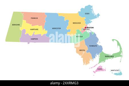 Massachusetts, US-Bundesstaat, mehrfarbige politische Karte mit Grenzen, Kreisnamen und Hauptstadt Boston. Bundesstaat in der Region Neuengland der Vereinigten Staaten. Stockfoto