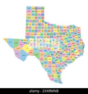 Texas, US-Bundesstaat, mehrfarbige politische Karte mit Grenzen, Kreisnamen und Hauptstadt Austin. Bundesstaat in der südlichen Zentralregion der Vereinigten Staaten. Stockfoto