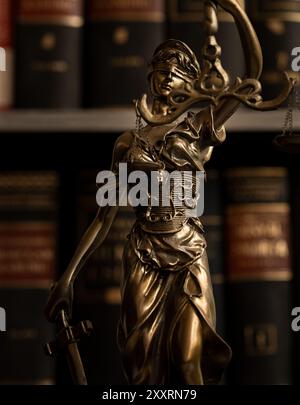 Nahaufnahme der Justizstatue - Lady Justice oder Iustitia / Justitia die römische Göttin der Gerechtigkeit auf Hintergrund mit Gesetzbüchern Stockfoto