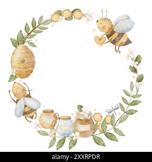 Bienen fliegen im Kreis, Honiggläser, ein Bienenstock hängt an den Zweigen. Aquarellkranz im Kinderstil. Abbildung isoliert für Stockfoto