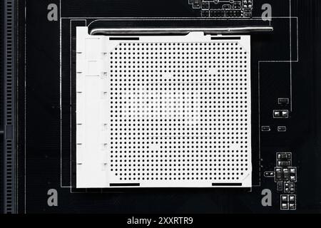 Leerer CPU-Sockel auf dem Hauptplatinenhintergrund für Design in Ihrem Arbeitscomputer-Konzept. Stockfoto