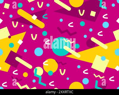 Geometrisches Nahtmuster mit memphis-Elementen im 80s Style. Farbenfrohes geometrisches Muster. Design von Werbeartikeln, Geschenkpapier und Druck Stock Vektor