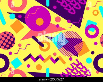 Geometrisches Nahtmuster mit memphis-Elementen im 80s Style. Farbenfrohes geometrisches Muster. Design von Werbeartikeln, Geschenkpapier und Druck Stock Vektor
