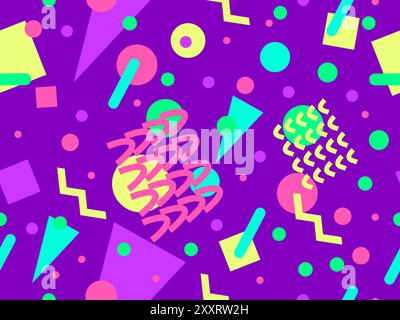 Geometrisches Nahtmuster mit memphis-Elementen im 80s Style. Farbenfrohes geometrisches Muster. Design von Werbeartikeln, Geschenkpapier und Druck Stock Vektor