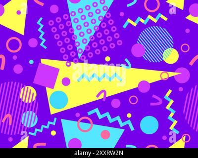 Geometrisches Nahtmuster mit memphis-Elementen im 80s Style. Farbenfrohes geometrisches Muster. Design von Werbeartikeln, Geschenkpapier und Druck Stock Vektor