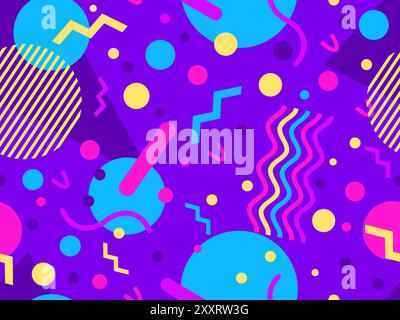 Geometrisches Nahtmuster mit memphis-Elementen im 80s Style. Farbenfrohes geometrisches Muster. Design von Werbeartikeln, Geschenkpapier und Druck Stock Vektor