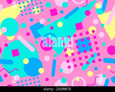 Geometrisches Nahtmuster mit memphis-Elementen im 80s Style. Farbenfrohes geometrisches Muster. Design von Werbeartikeln, Geschenkpapier und Druck Stock Vektor