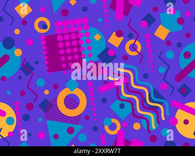Geometrisches Nahtmuster mit memphis-Elementen im 80s Style. Farbenfrohes geometrisches Muster. Design von Werbeartikeln, Geschenkpapier und Druck Stock Vektor