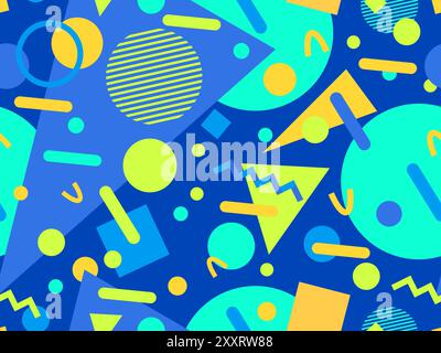 Geometrisches Nahtmuster mit memphis-Elementen im 80s Style. Farbenfrohes geometrisches Muster. Design von Werbeartikeln, Geschenkpapier und Druck Stock Vektor