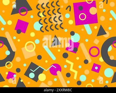 Geometrisches Nahtmuster mit memphis-Elementen im 80s Style. Farbenfrohes geometrisches Muster. Design von Werbeartikeln, Geschenkpapier und Druck Stock Vektor