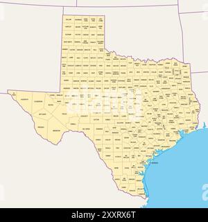 Texas, US-Bundesstaat, politische Karte mit Grenzen und Bezirksnamen. Bundesstaat in der südlichen Zentralregion der Vereinigten Staaten, unterteilt in 254 Countys. Stockfoto