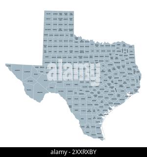 Texas, US-Bundesstaat, graue politische Karte mit Grenzen und Bezirksnamen. Bundesstaat in der südlichen Zentralregion der Vereinigten Staaten, unterteilt in 254 Countys. Stockfoto