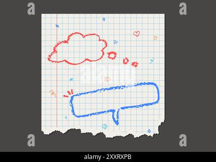 Seite mit roten und blauen Sprachblasen. Dialog Handschrift Kritzele Textfelder, geschrieben mit Wachsmalstift auf gezacktem weißem Papier mit Quadrat Stock Vektor