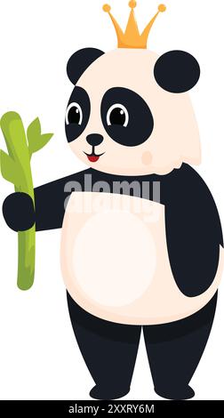Bezaubernder Karikatur-Pandabär mit einer Krone auf dem Kopf, der einen Bambuszweig hält, was auf Königswesen, Natur und Naturschutz hindeutet Stock Vektor