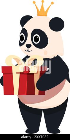 Niedlicher Karikatur-Pandabär, der eine goldene Krone trägt und eine rote Geschenkbox mit einem gelben Band hält Stock Vektor