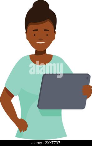 Lächelnder Arzt in grüner Uniform, der ein digitales Tablet hält Stock Vektor