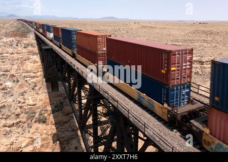 Ein Containerzug, der über eine Wüstenbrücke fährt Stockfoto