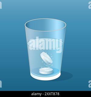 Glas Wasser mit zwei Brausetabletten lösen sich auf und bilden Blasen. Vektorsymbole über die Zubereitung von Medikamenten, Vitaminen oder Ergänzungsmitteln. Stock Vektor