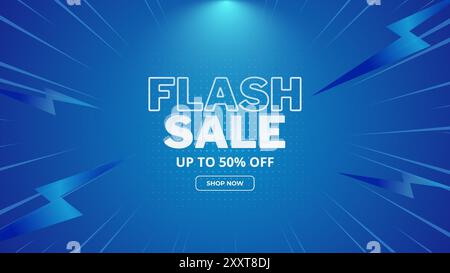 Flash Sale Shopping Poster oder Banner mit Flash-Symbol und 3D-Text auf blauem Hintergrund. Flash Sales Banner Template Design für soziale Medien und Websites. Stock Vektor