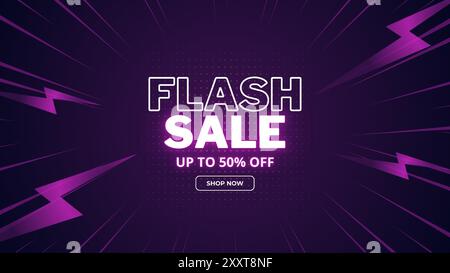 Flash Sale Shopping Poster oder Banner mit Flash-Symbol und 3D-Text auf lila Hintergrund. Flash Sales Banner Template Design für Social Media Website. Stock Vektor