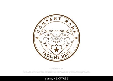 Hipster Vintage Retro Muskulöse Stier Langhorn Sport Gym Fitness Logo Design Vektor Stock Vektor