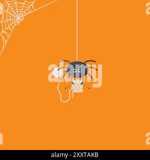 Die kleine Schwarze Spinne hängt im Netz und Stricken. Cartoon Cute and Funny Spider auf einem orangefarbenen Hintergrund für Halloween-Feiertage, Vectoк Illustration. Stock Vektor