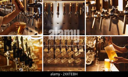 Collage aus verschiedenen Bierzapfen in luxuriöser Bar-Atmosphäre, mit verschiedenen Stilen, einschließlich Chromgriffen und rustikalen Holzgriffen Stockfoto