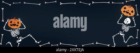 Skelett Parade. Gezeichneter Kunststil. Skelette mit Jack-o'-Laternen-Köpfen tanzen zwischen verstreuten Knochen und feiern Halloween-Nacht. Hintergrundbild. Stockfoto